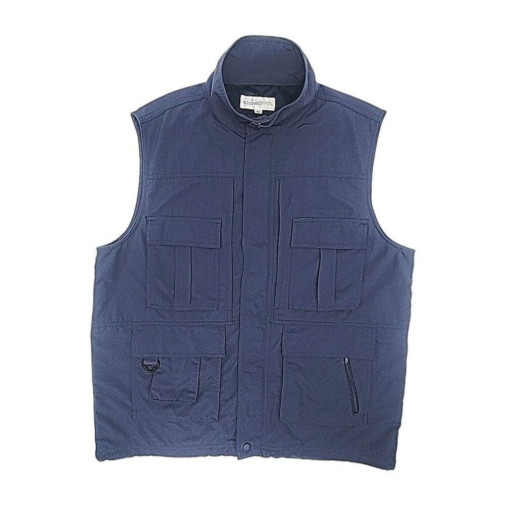 Travel Smith Vest Blue Men Sz Large Nylon Zip Snap Front Pockets Drawstring